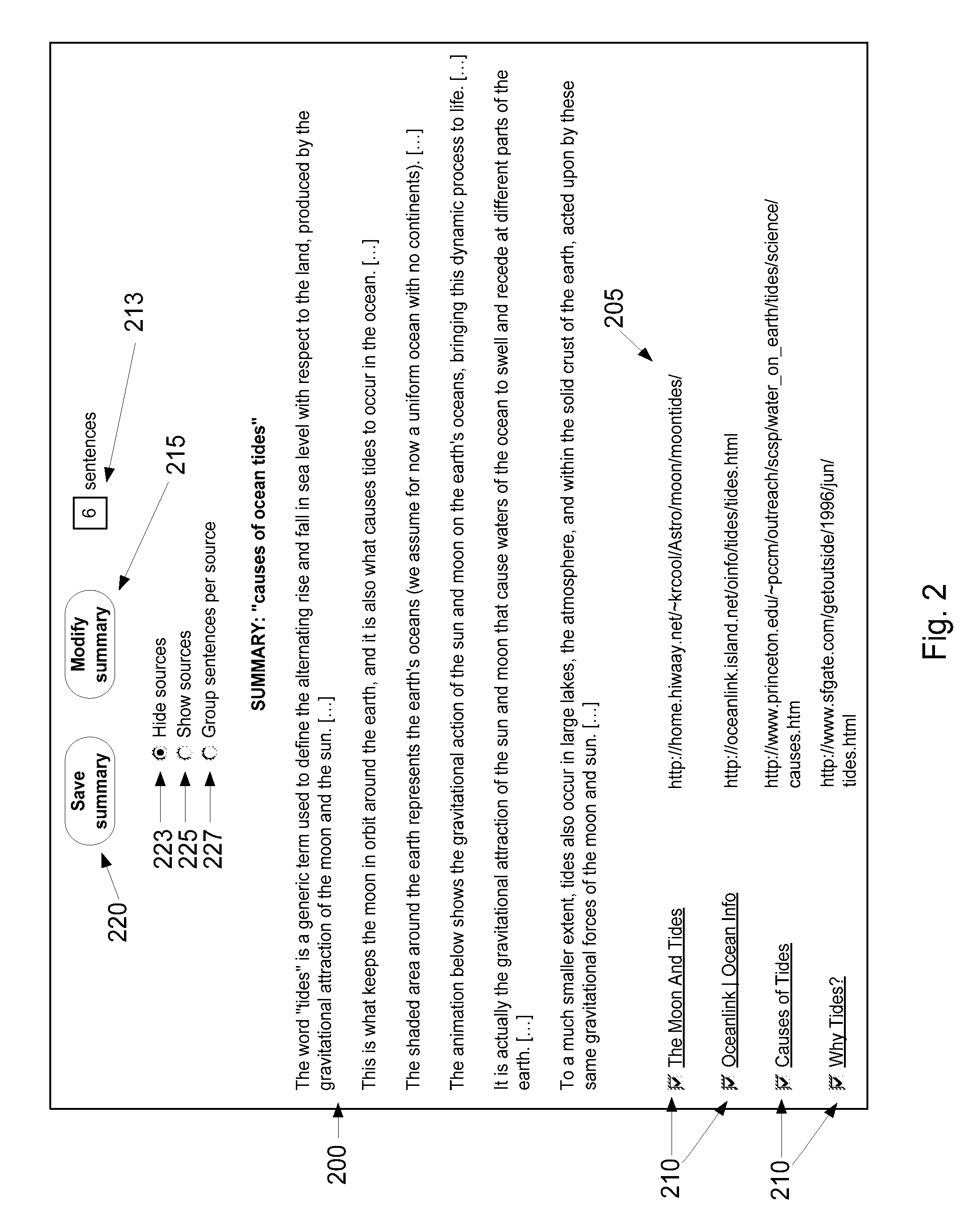 System, method, and user interface for a search engine based on multi-document summarization