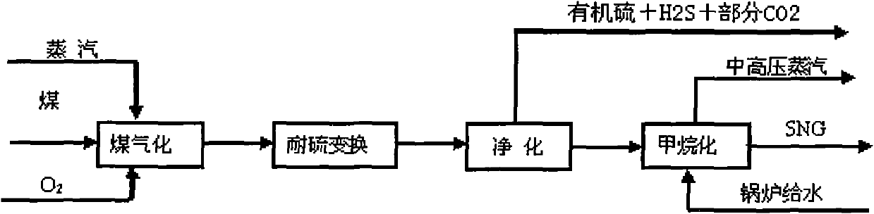 Method for producing synthetic natural gas SNG from coal and processing installation thereof