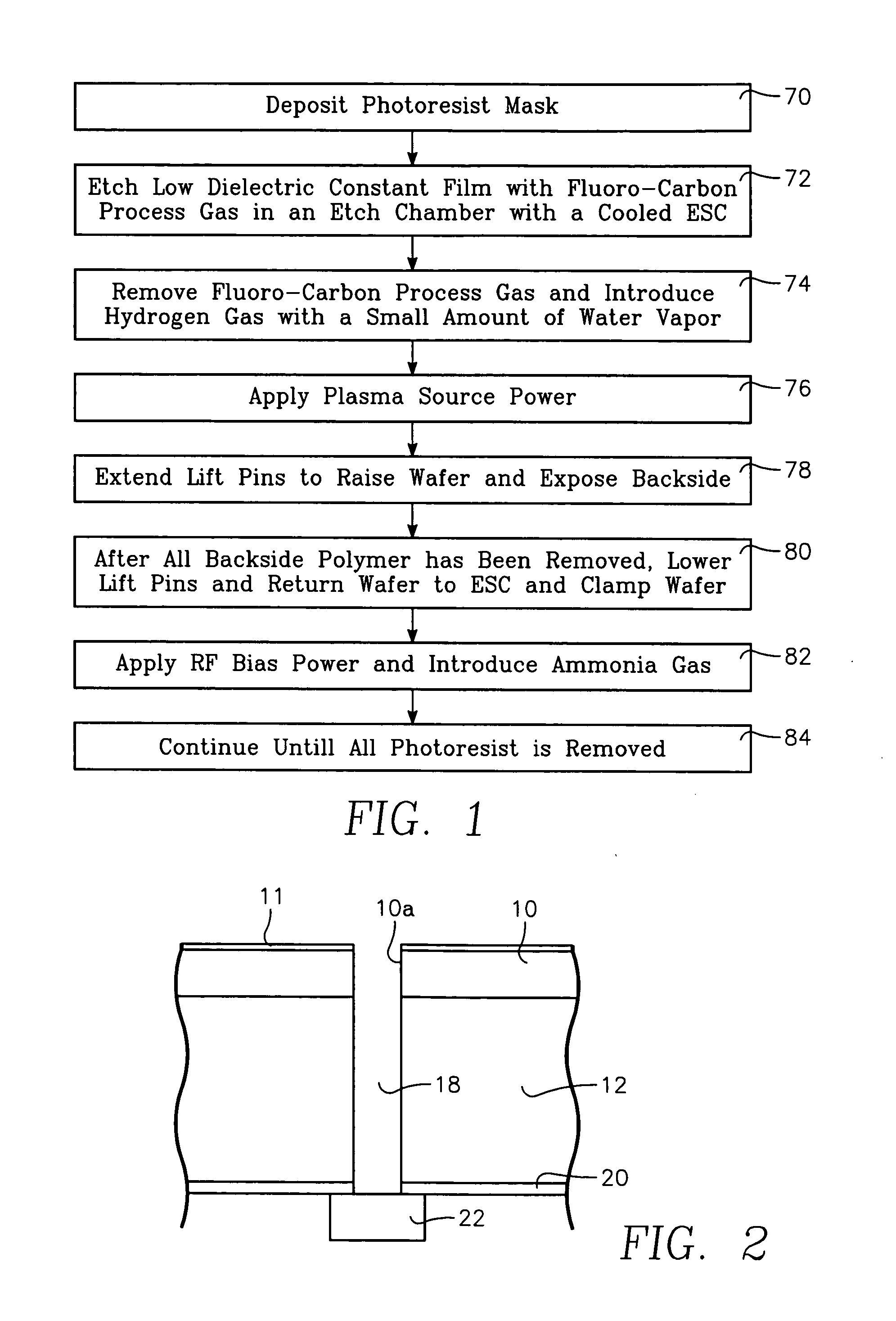 Plasma dielectric etch process including in-situ backside polymer removal for low-dielectric constant material