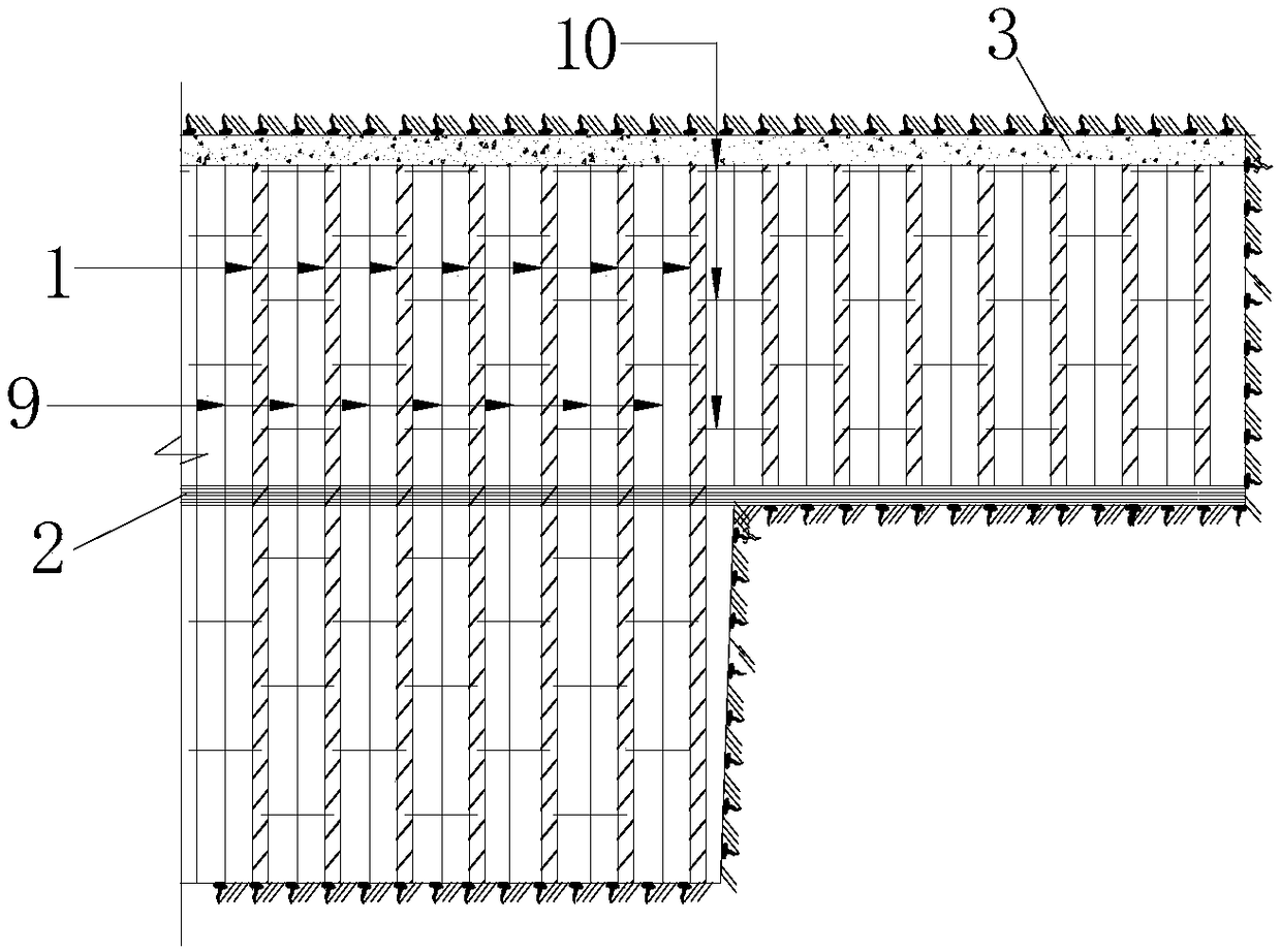 Frictional-energy-consumption-longitudinal-beam-based hybrid spraying-steel frame overall avoidance changing initial-supporting structure and construction method thereof