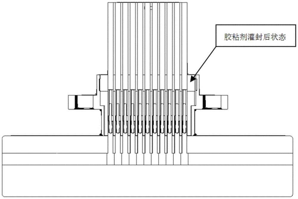 Filling and sealing technique for stranded elastic contact pin micro-rectangular electric connector