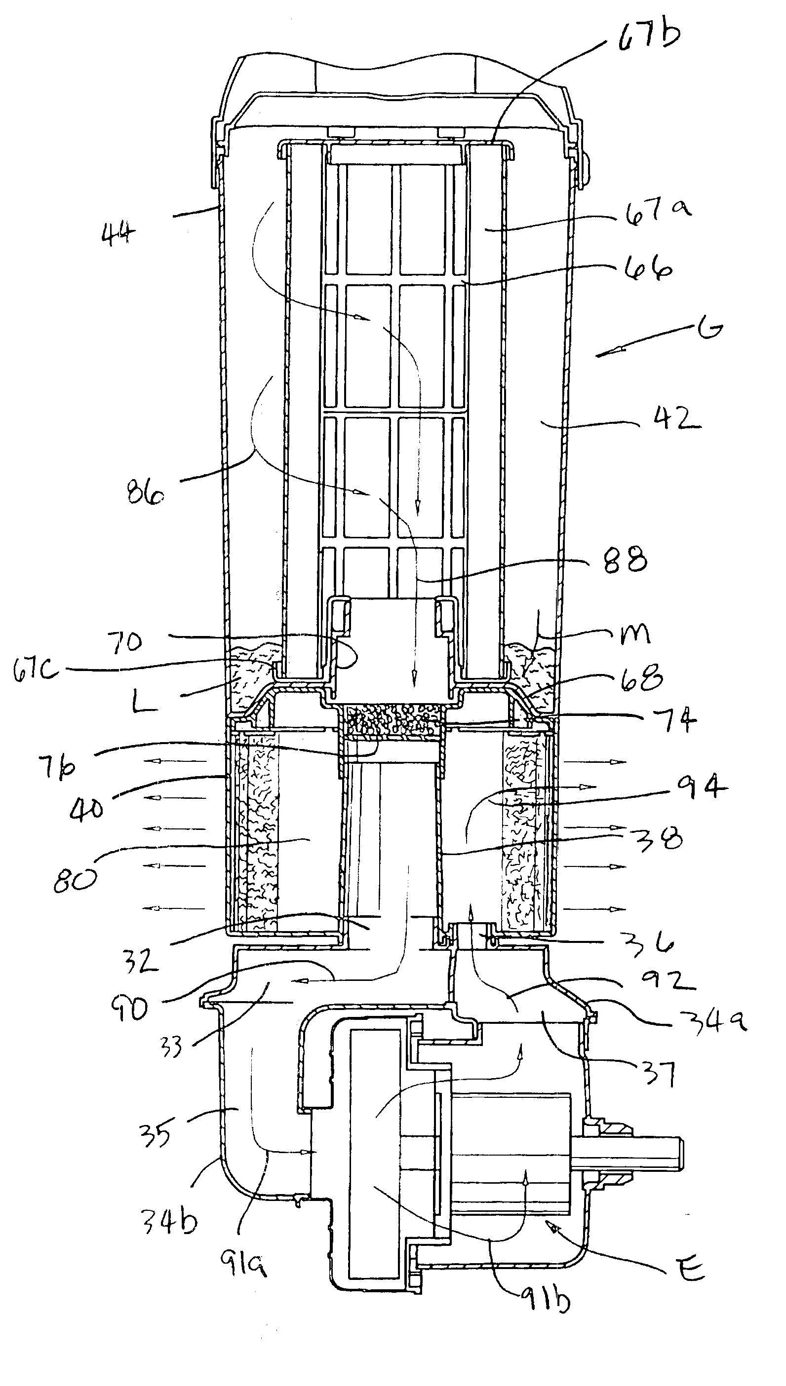 Upright vacuum cleaner with cyclonic airflow pathway