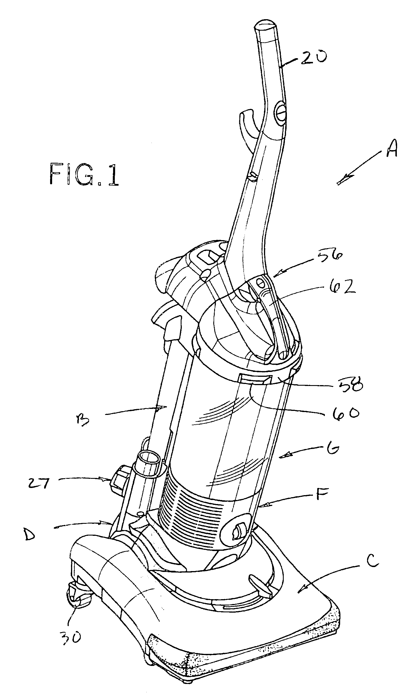 Upright vacuum cleaner with cyclonic airflow pathway