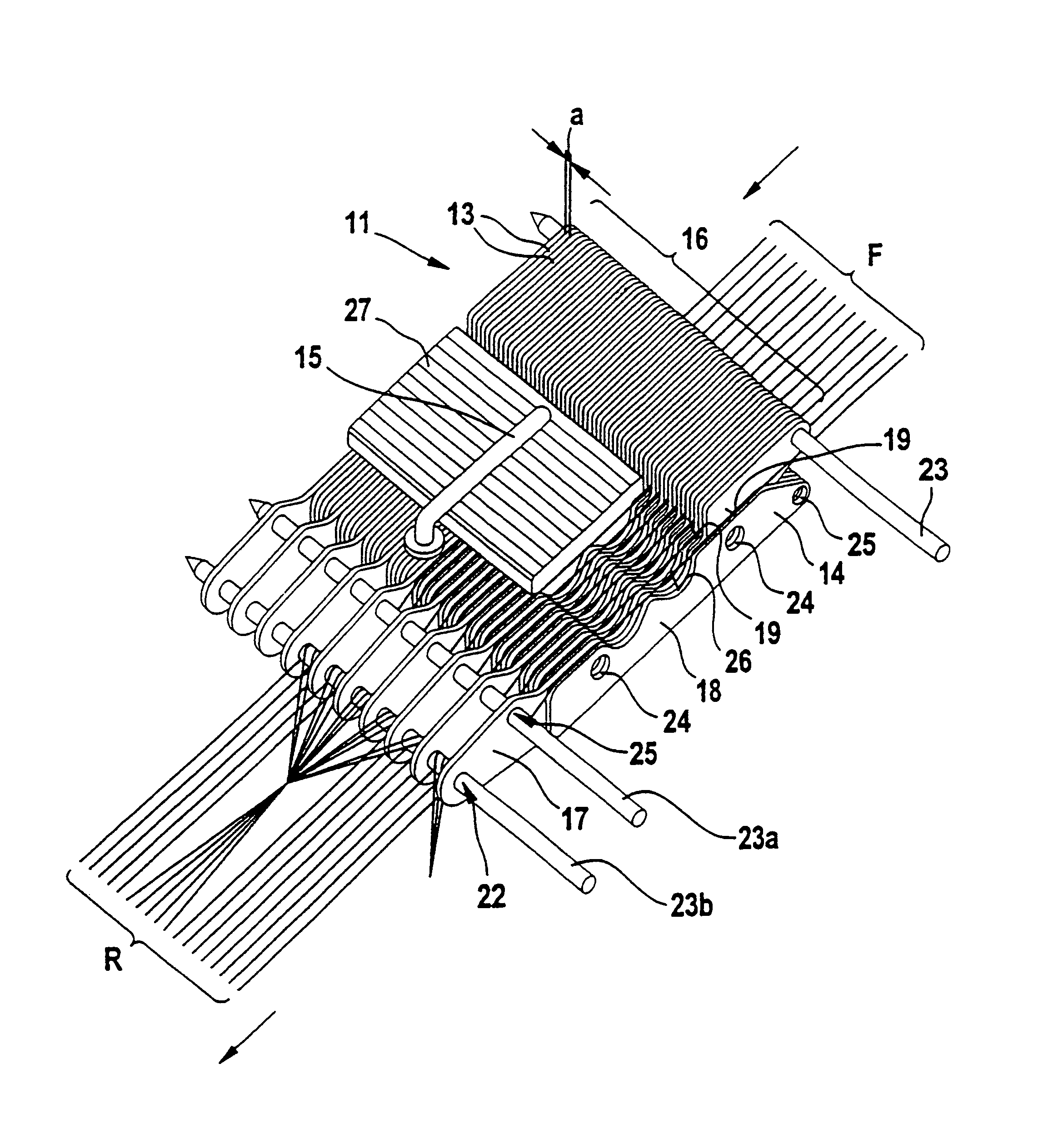 Method and auxiliary device for leasing threads into guide elements of a handling device for handling threads and a handling device of this type