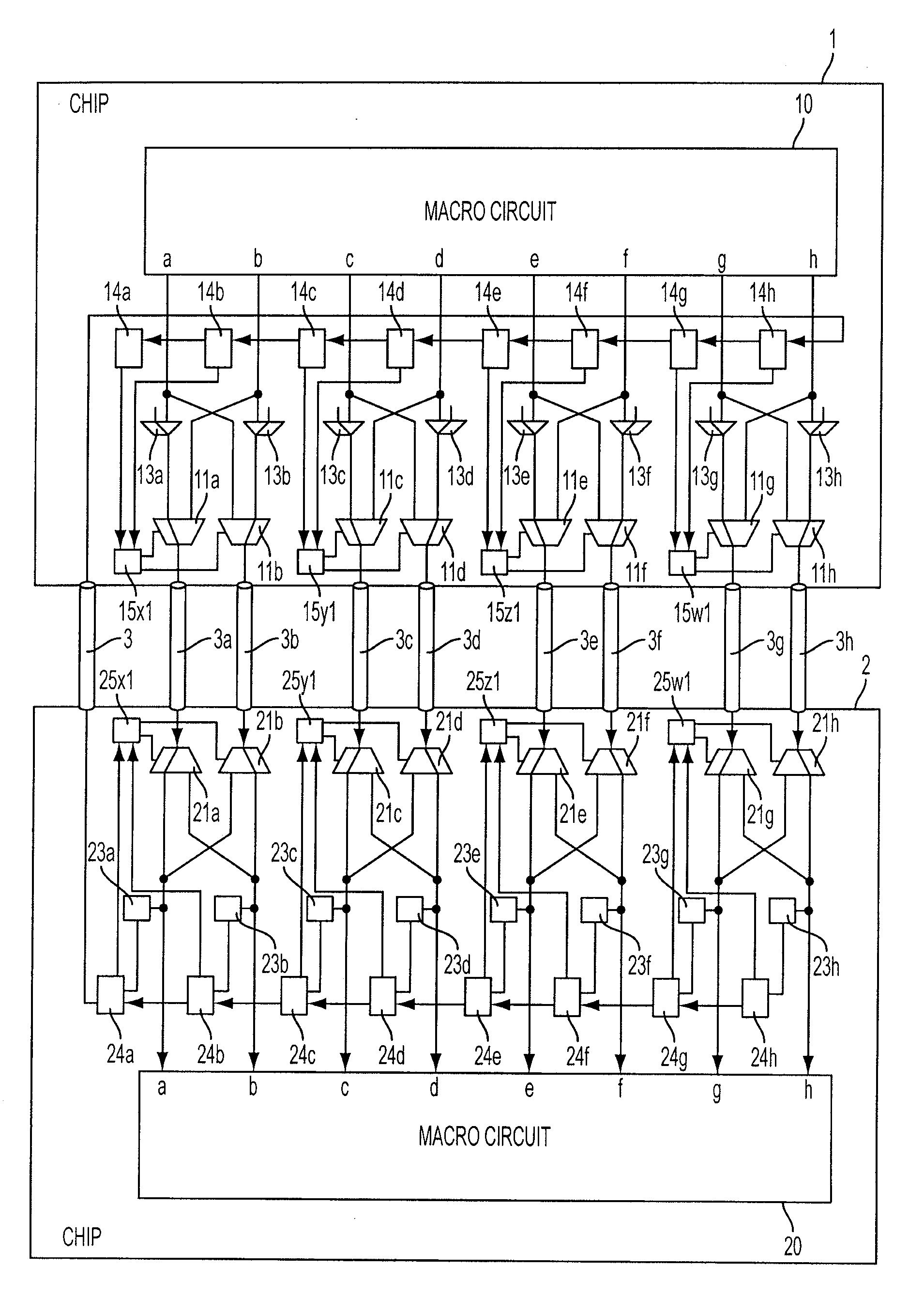 Data transfer between chips in a multi-chip semiconductor device with an increased data transfer speed