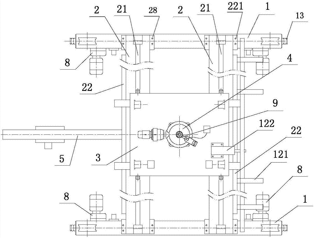 Bridge type cantilever crane with reaction wheel type running trolley and safety hooks