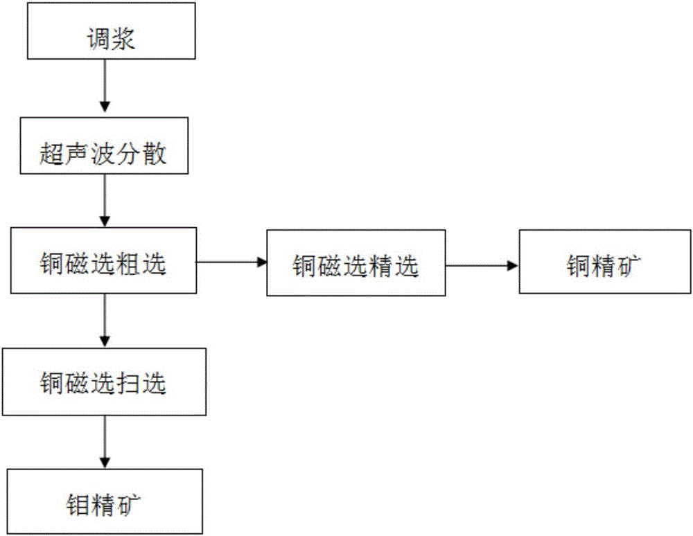 Ultrasonic dispersing-magnetic separating process for copper-molybdenum bulk concentrate