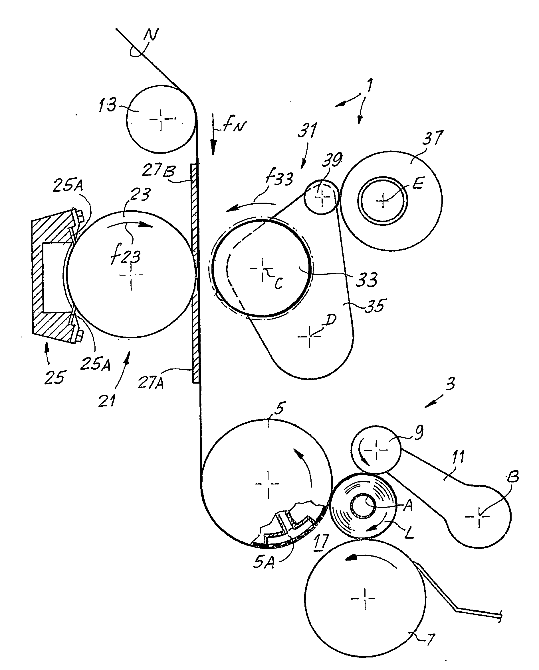 Method and device for gluing the free edge of a log of web material in a rewinding machine