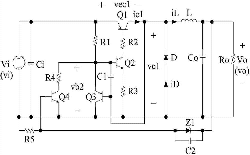 BJT (bipolar junction transistor)-type auto-excitation Buck converter with small main switching tube driving loss