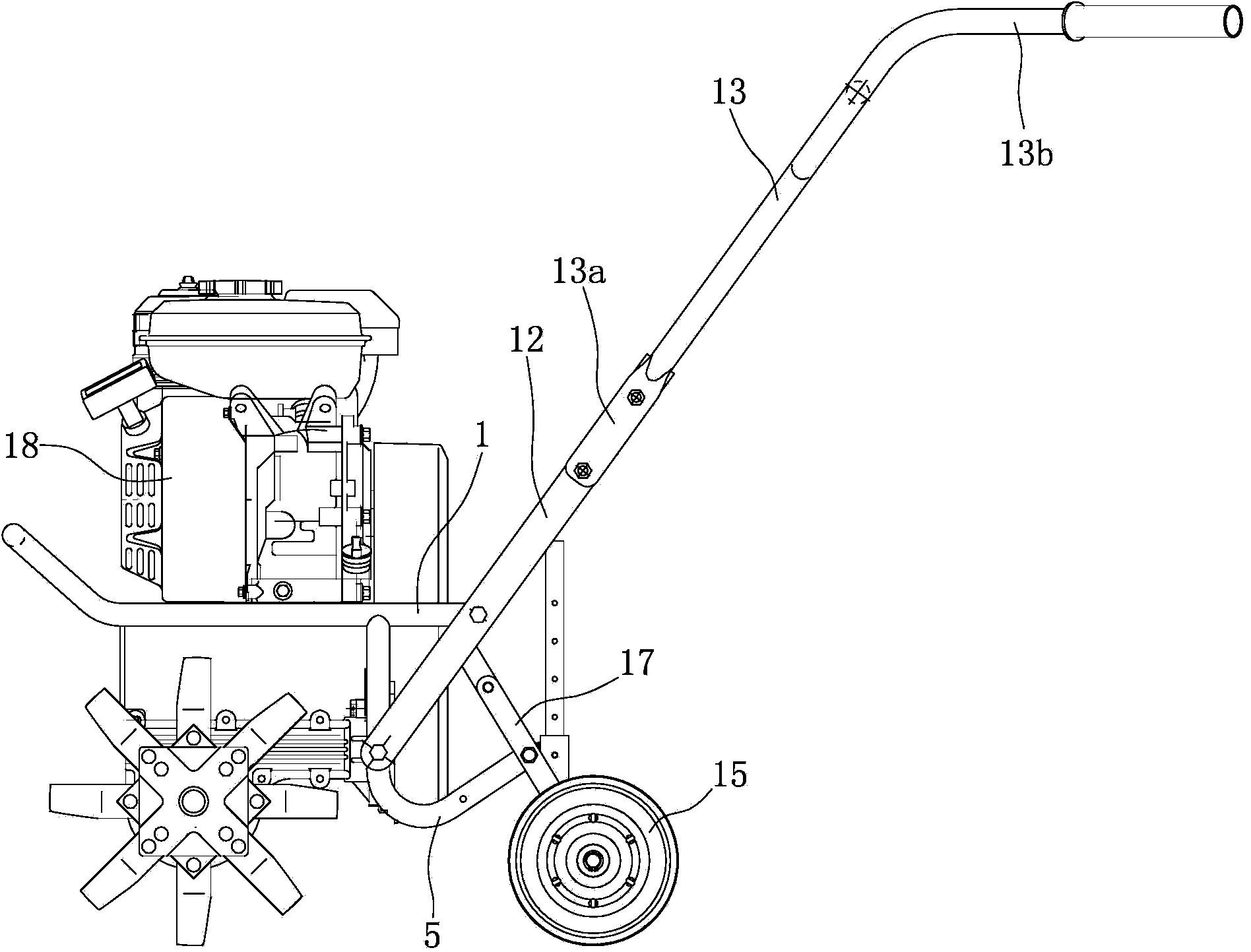 Handle seat, back wheel assembly and engine arrangement structure of portable micro cultivator