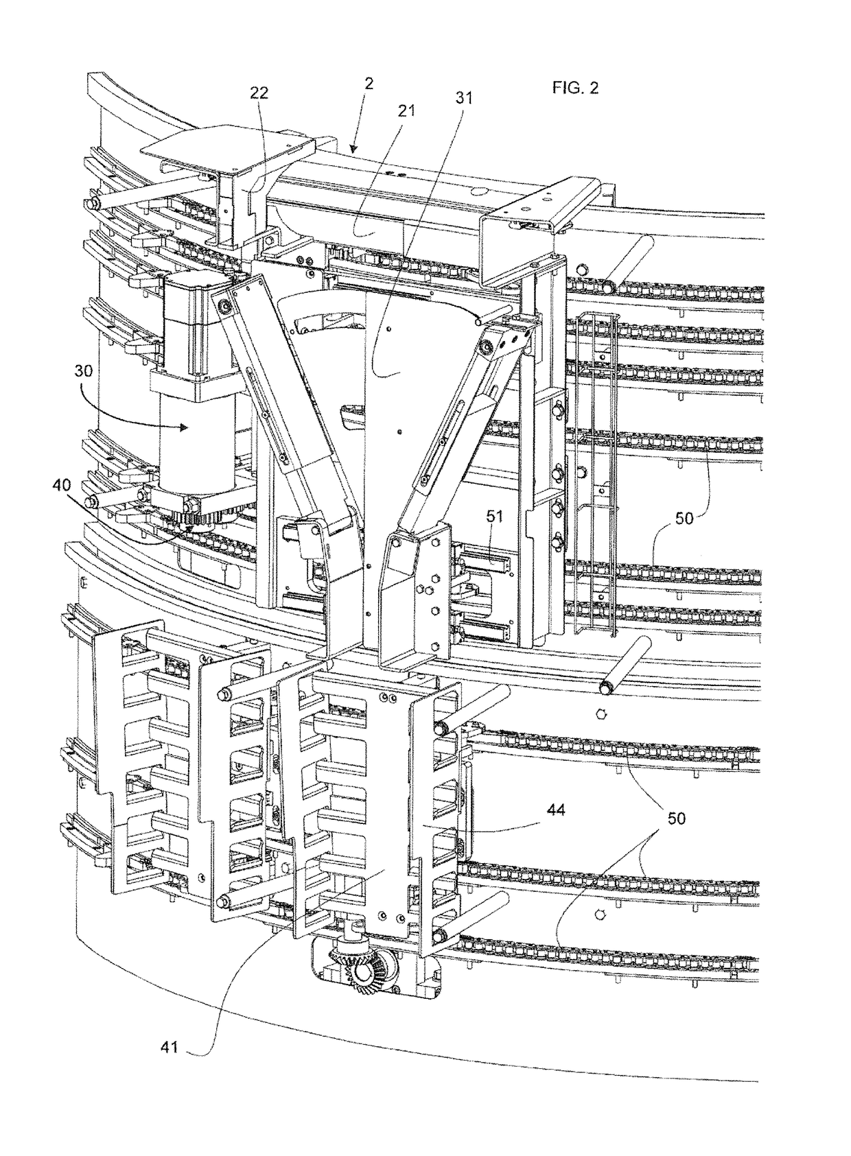 Sorting device of bulk containers with automatic size change