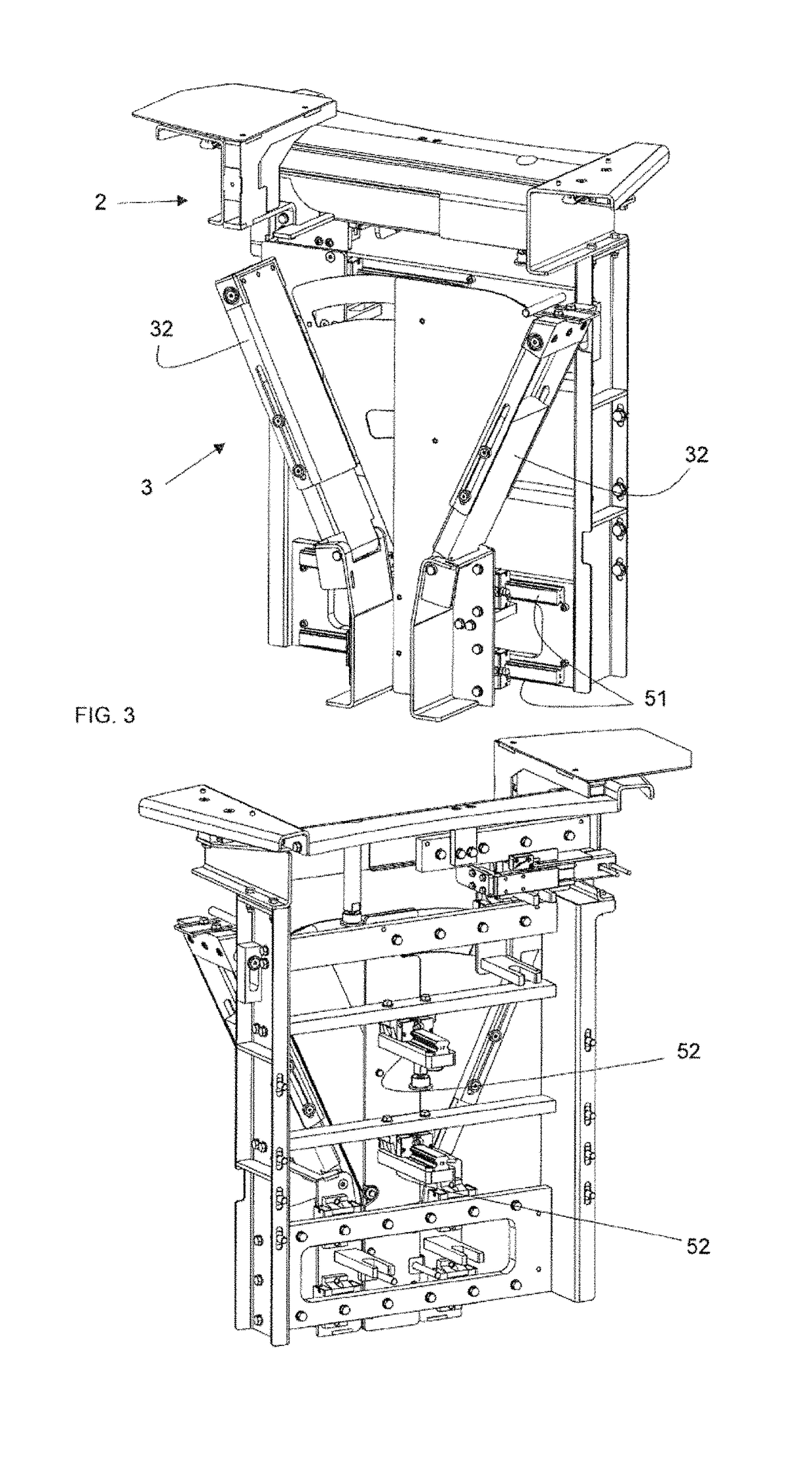 Sorting device of bulk containers with automatic size change