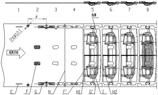 Multi-station progressive die for trunk tail gate reinforcing plate and processing technology