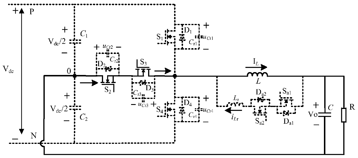 Auxiliary resonant conversion pole T-type three-level soft switching inverter circuit and modulation method