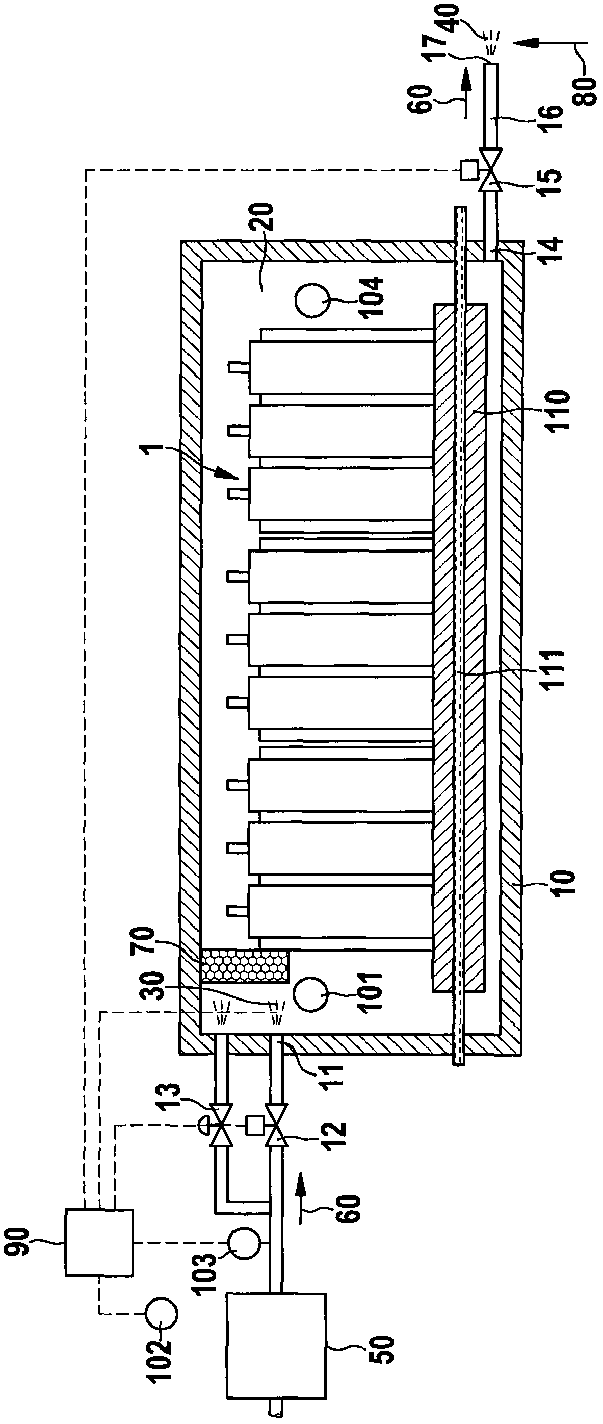 Method and device for decreasing moisture in a gas in a housing interior