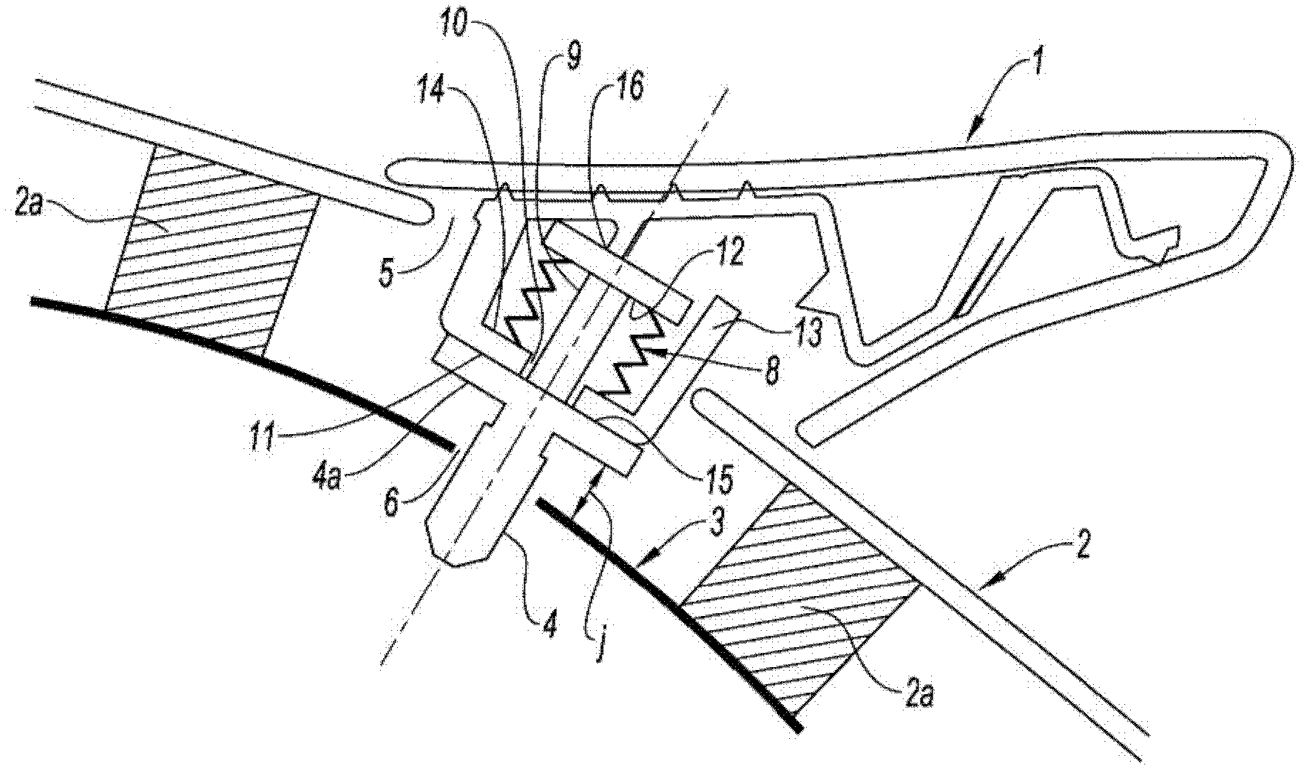 Device for attaching a first part to a second part which is attached to a third part and the assembly of three parts, in particular, of a motor vehicle