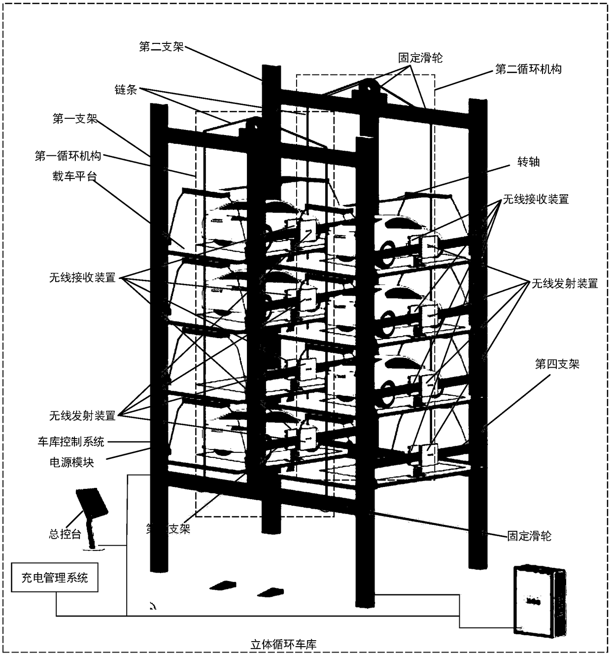 Stereoscopic cyclic garage with wireless charging function and control method of garage