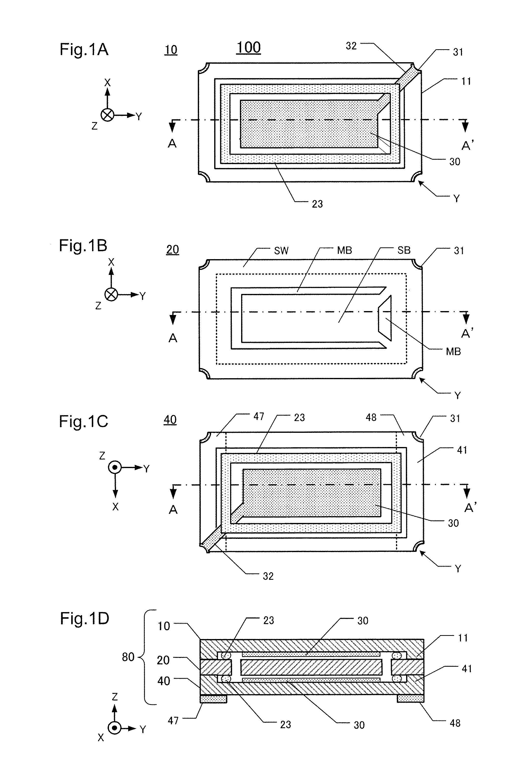 Piezoelectric devices including electrode-less vibrating portions