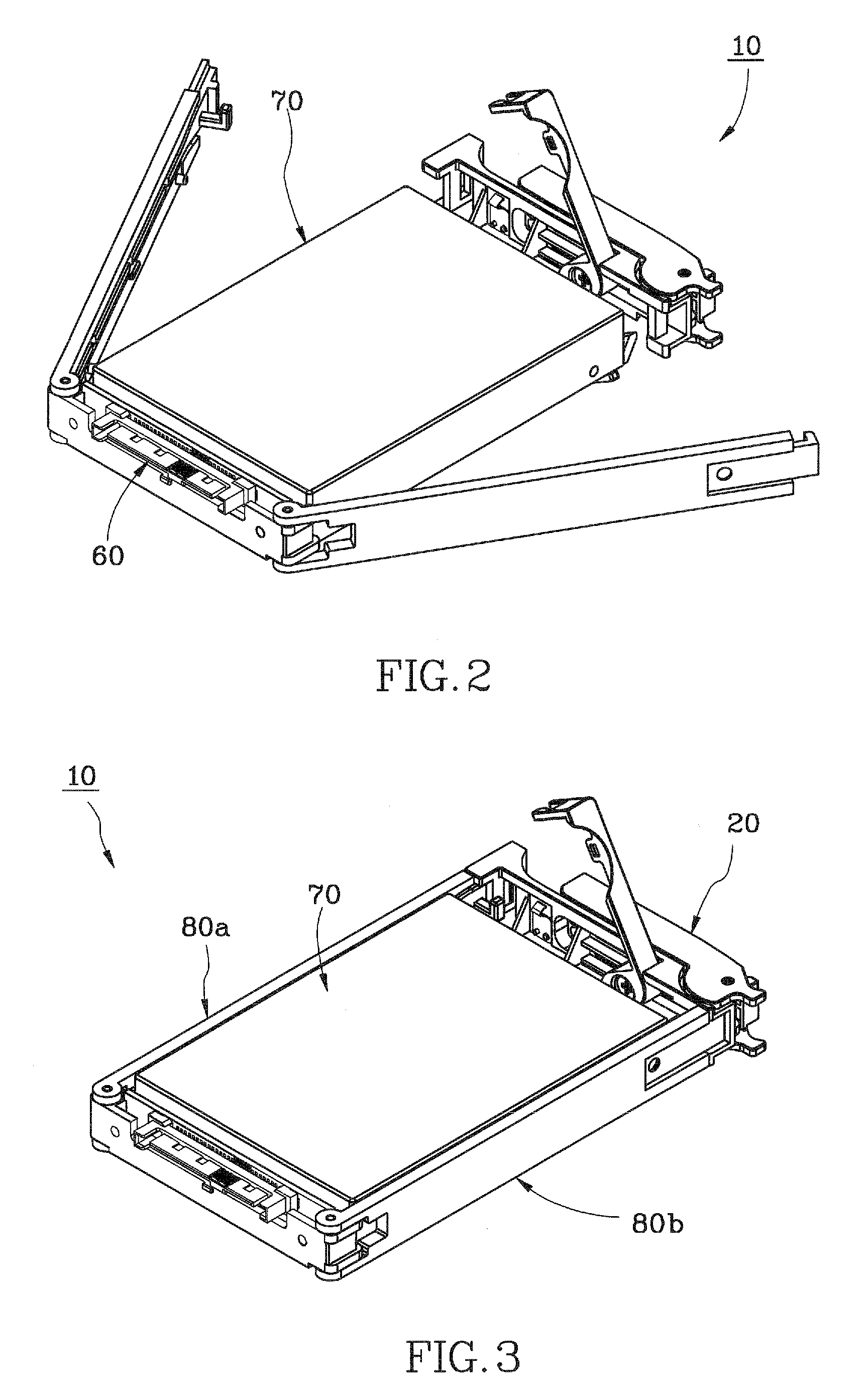 Removable disk drive mounting device including a first holder pivotally connected to second holders which in turn are detachably connected to a handle