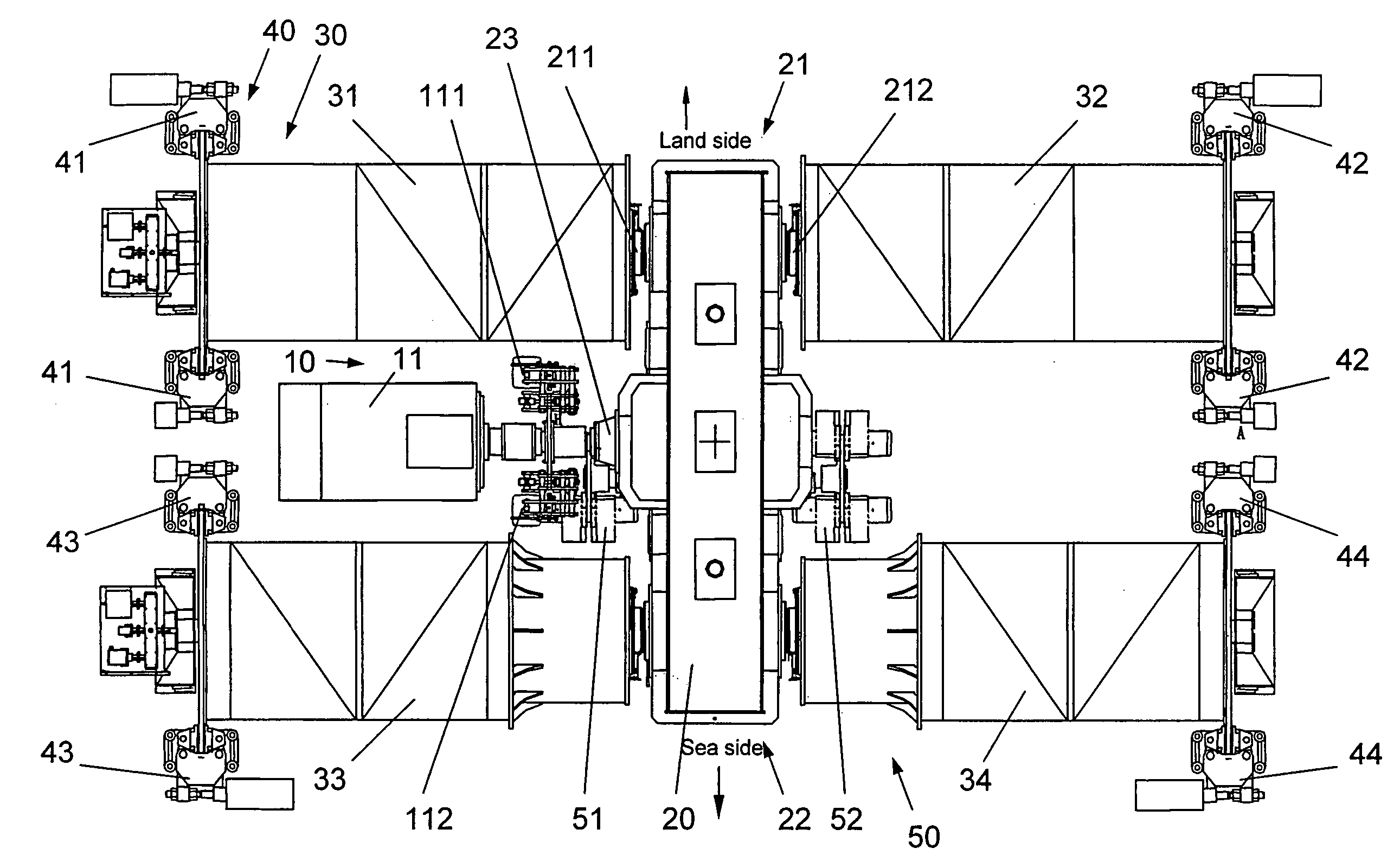 Lifting machinery of four reel differential type for two 40 feet container shore crane