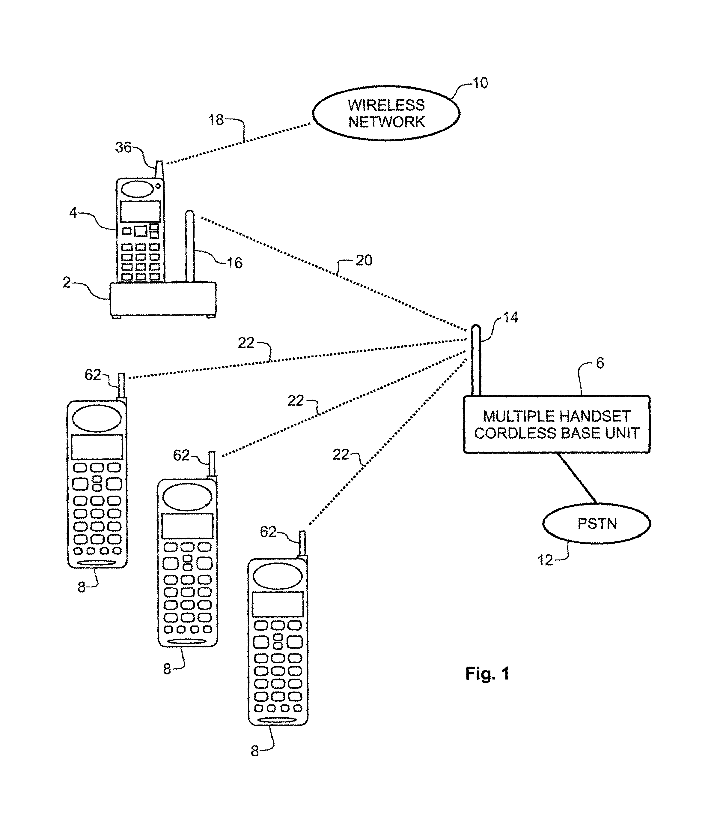 Wireless docking station system and method for a multiple handset cordless telephone system