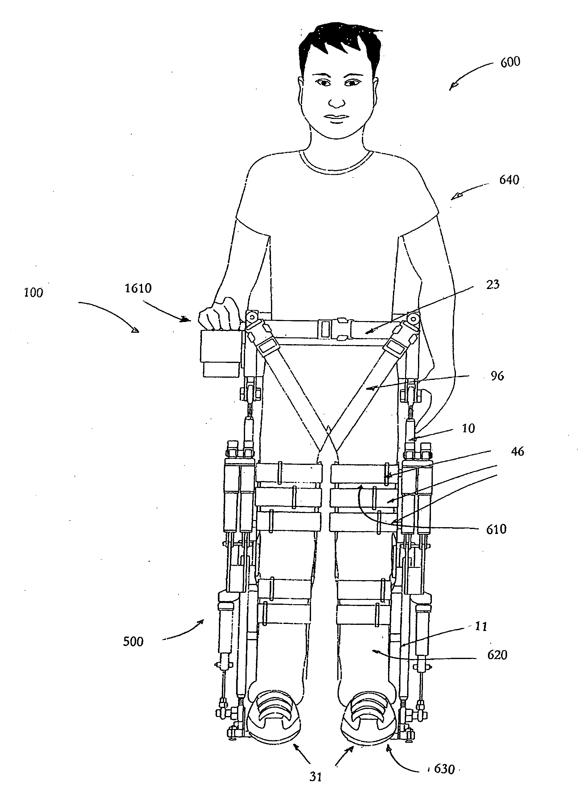 Self contained powered exoskeleton walker for a disabled user
