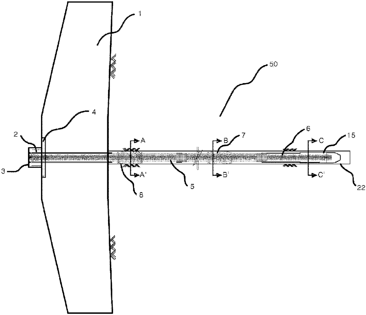 Anchor having fixing device at side of pressure plate to depress land slope and method of installing same