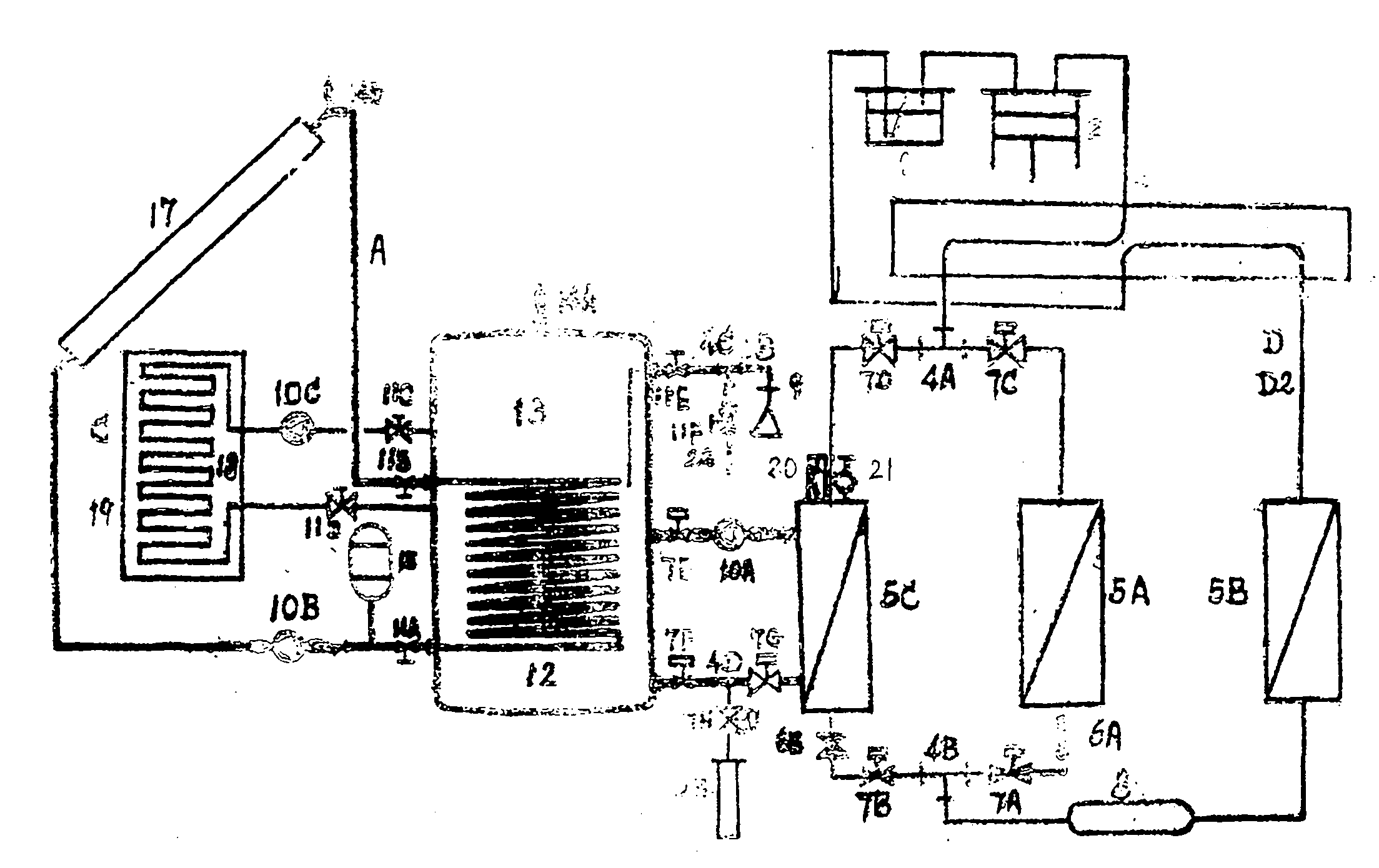 Shower, heating and air conditioning complex system device for producing hot water by using solar energy, air source and low power