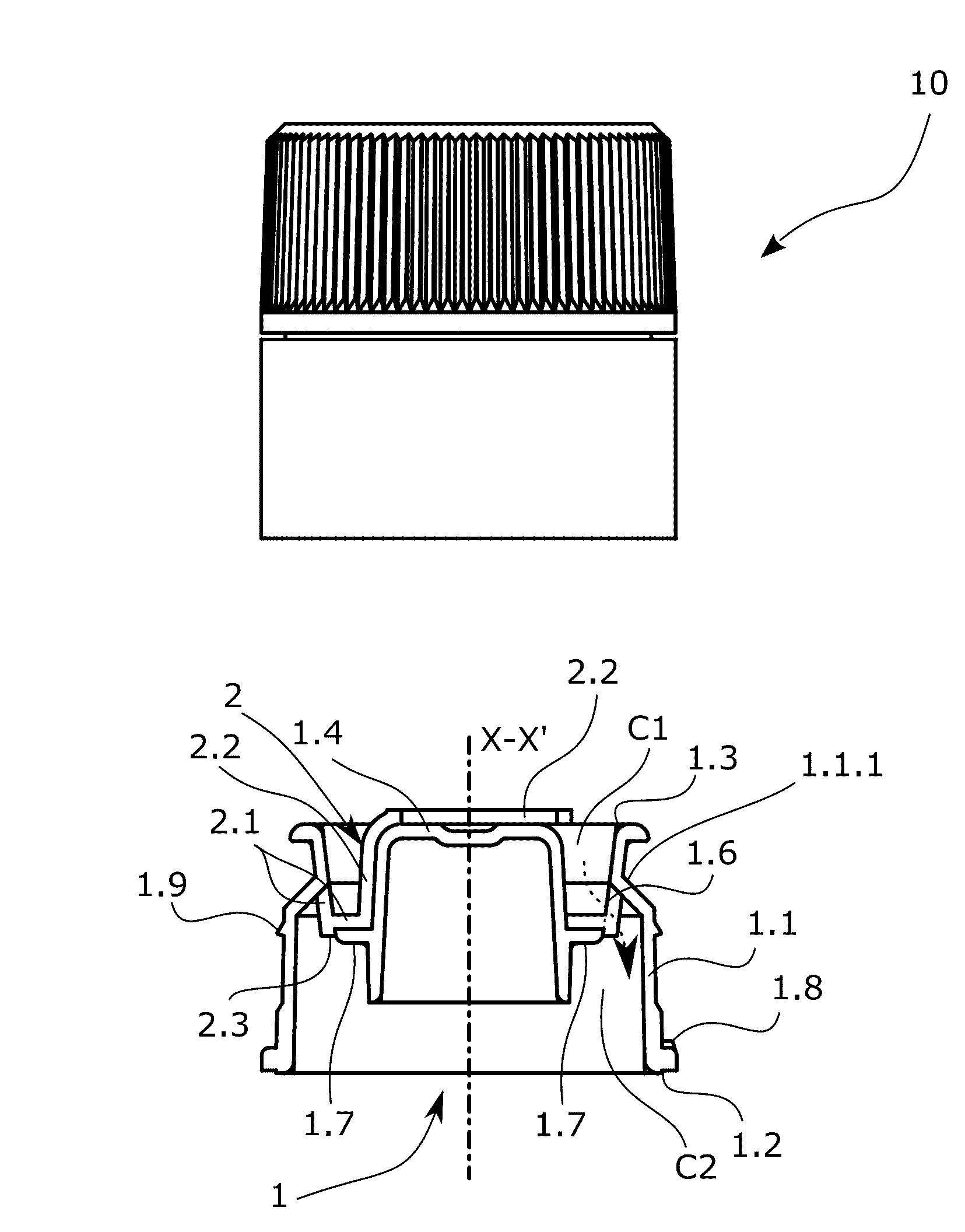 Structrual element for a bottle closure with means for showing its first use in nominal conditions