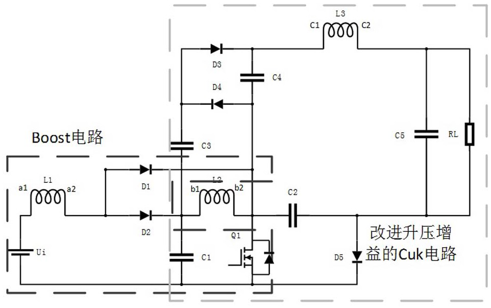 Boost-improved boost gain Cuk converter single-switch DC-DC circuit