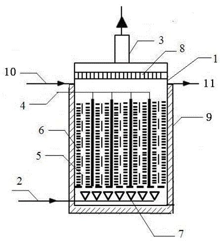 Apparatus for oxidization treatment of benzene-containing exhaust gas through coupling of particle swarm electrode adsorption with electro-catalysis