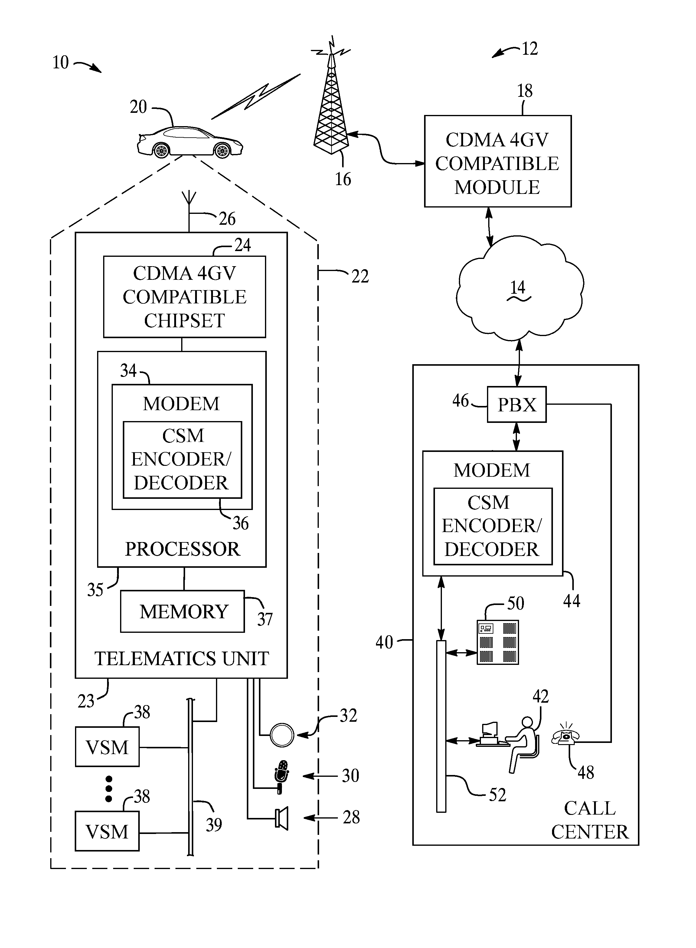 Method for data communication via a voice channel of a wireless communication network using continuous signal modulation