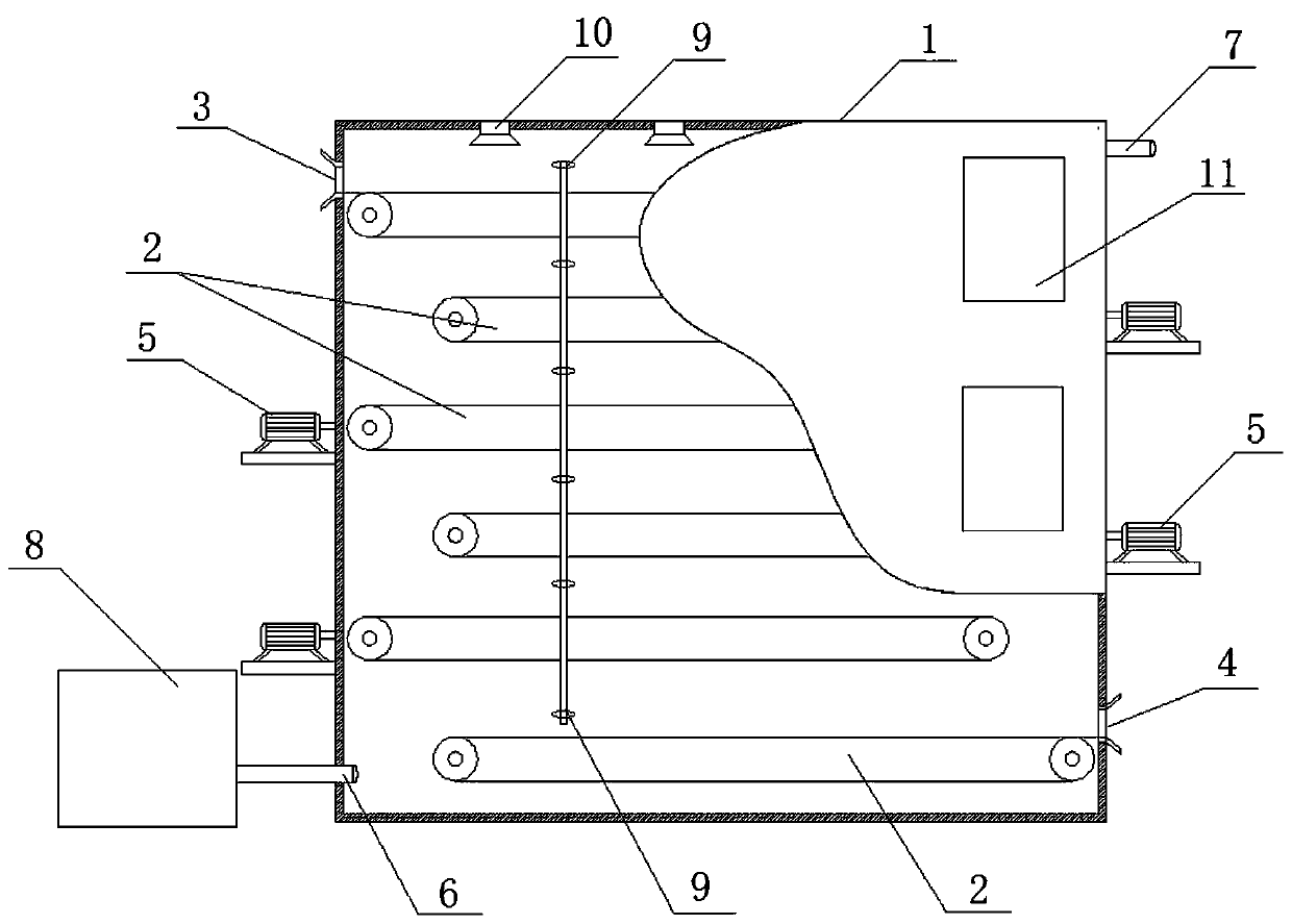 Continuously running layered grass drying device