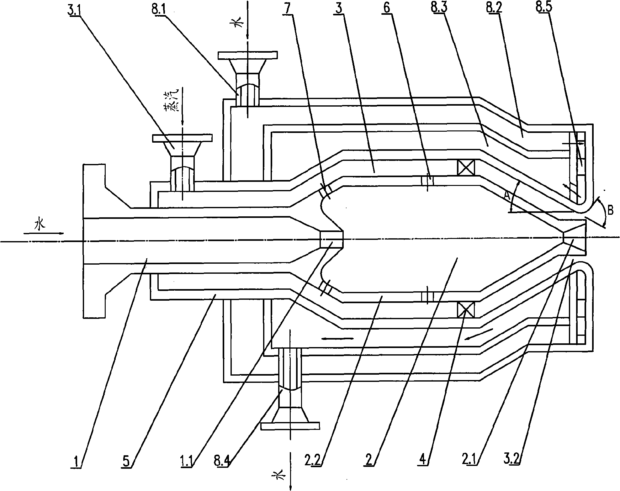 Gasification process of water/gas mixed partial-chilled dry powder fuel and device