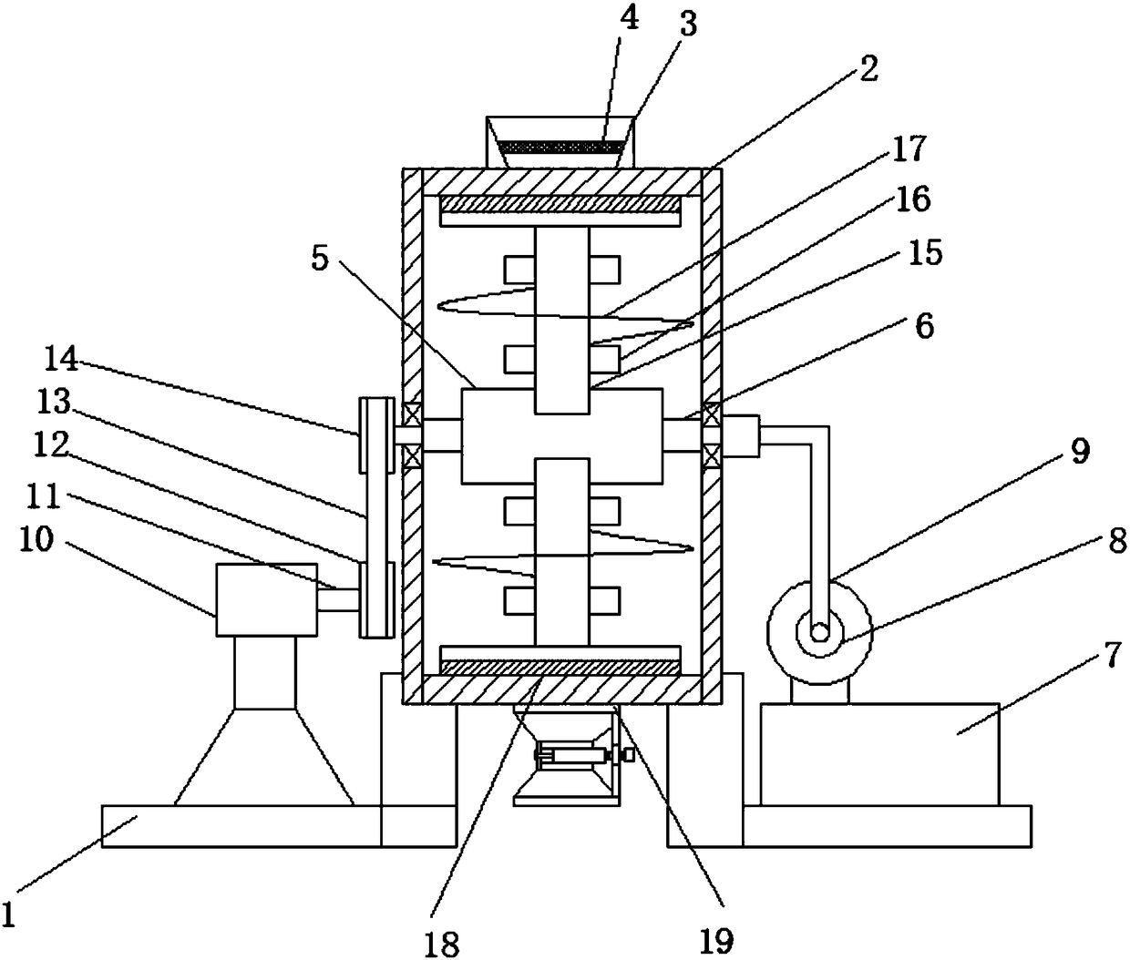 Construction gravel drying, mixing and graded discharging device