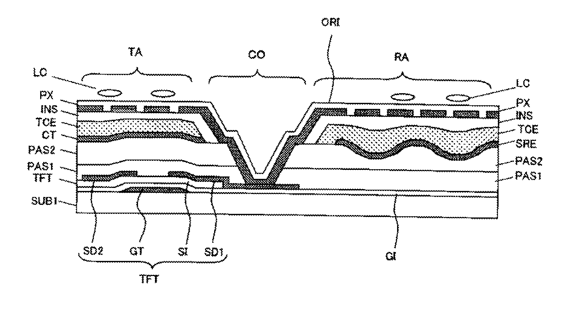 Liquid crystal display device which reduces unevenness in an upper surface of at least an electrode