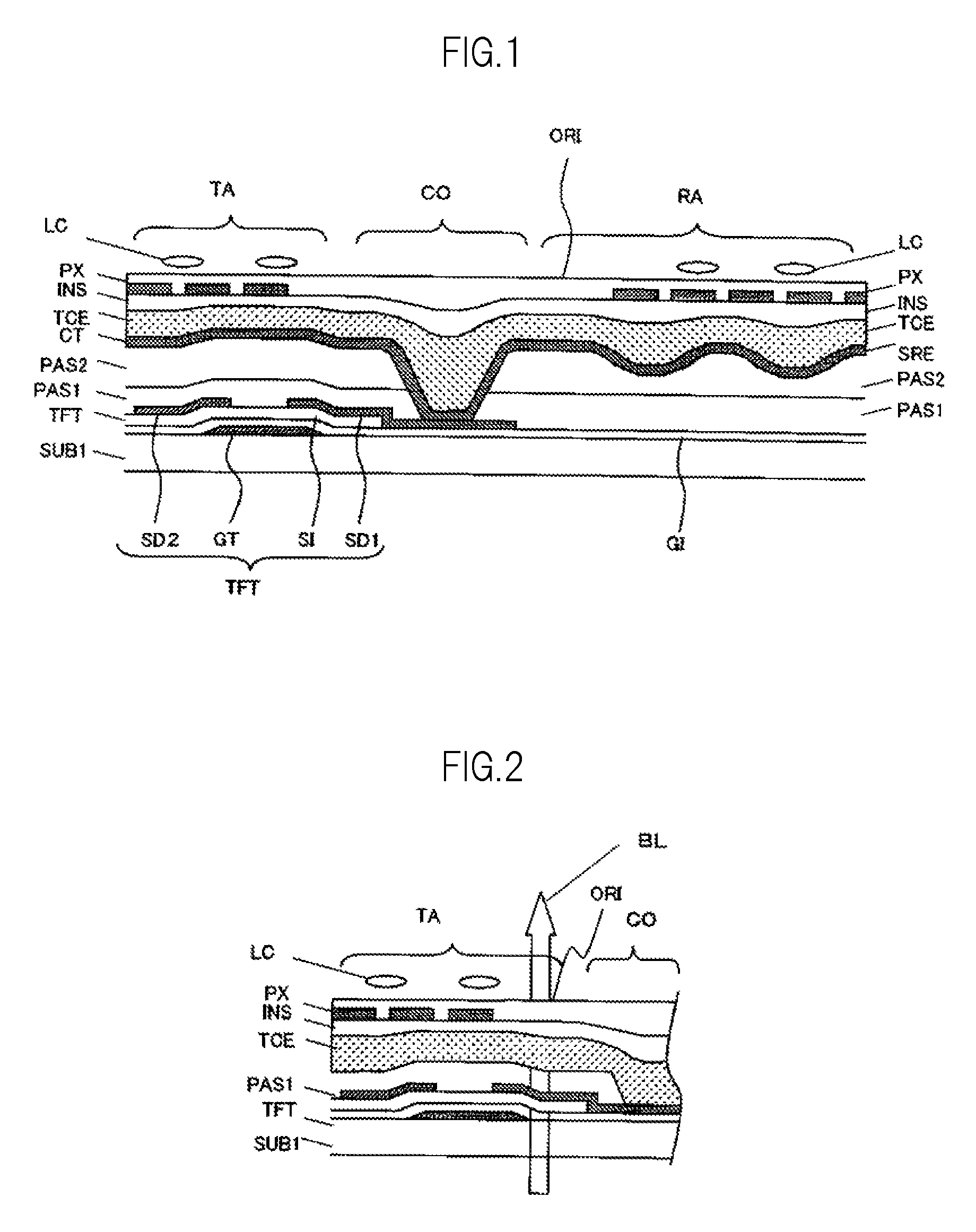 Liquid crystal display device which reduces unevenness in an upper surface of at least an electrode