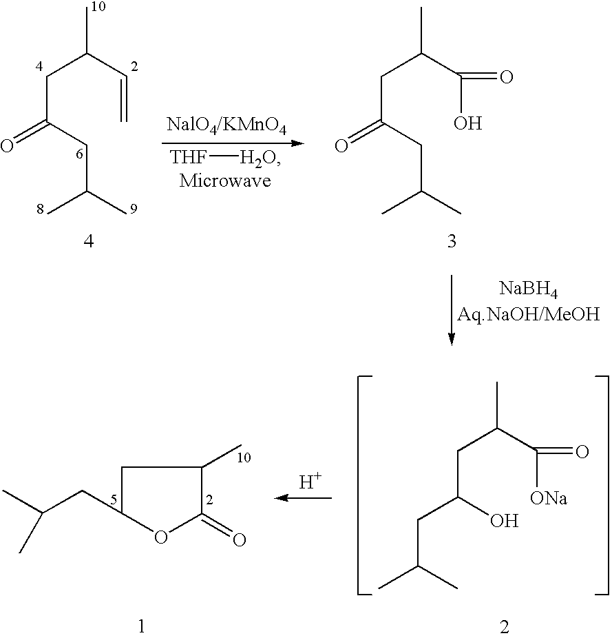 Novel method for converting dihydrotagetone, a bifuctional acyclic monoterpene ketone, isolated from the plant species of tagetes, into a coconut flavoured two chiral centered compound 5-isobutyl-3-methyl-4,5-dihydro-2(3H)-furanone as a novel analogue of natural whisky lactone and coconut aldehyde