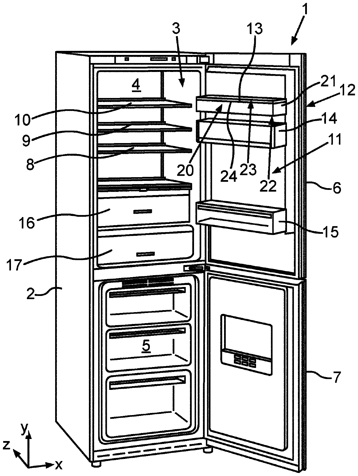 Food container with specially applied decorative film and domestic refrigeration appliance with such a container