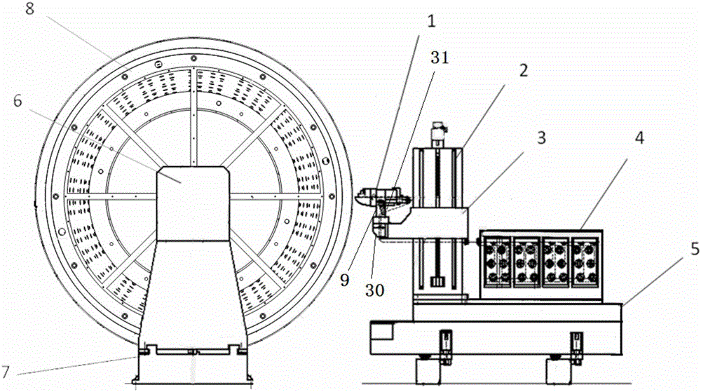 Composite material grid conical shell fiber placing and winding integrated molding device