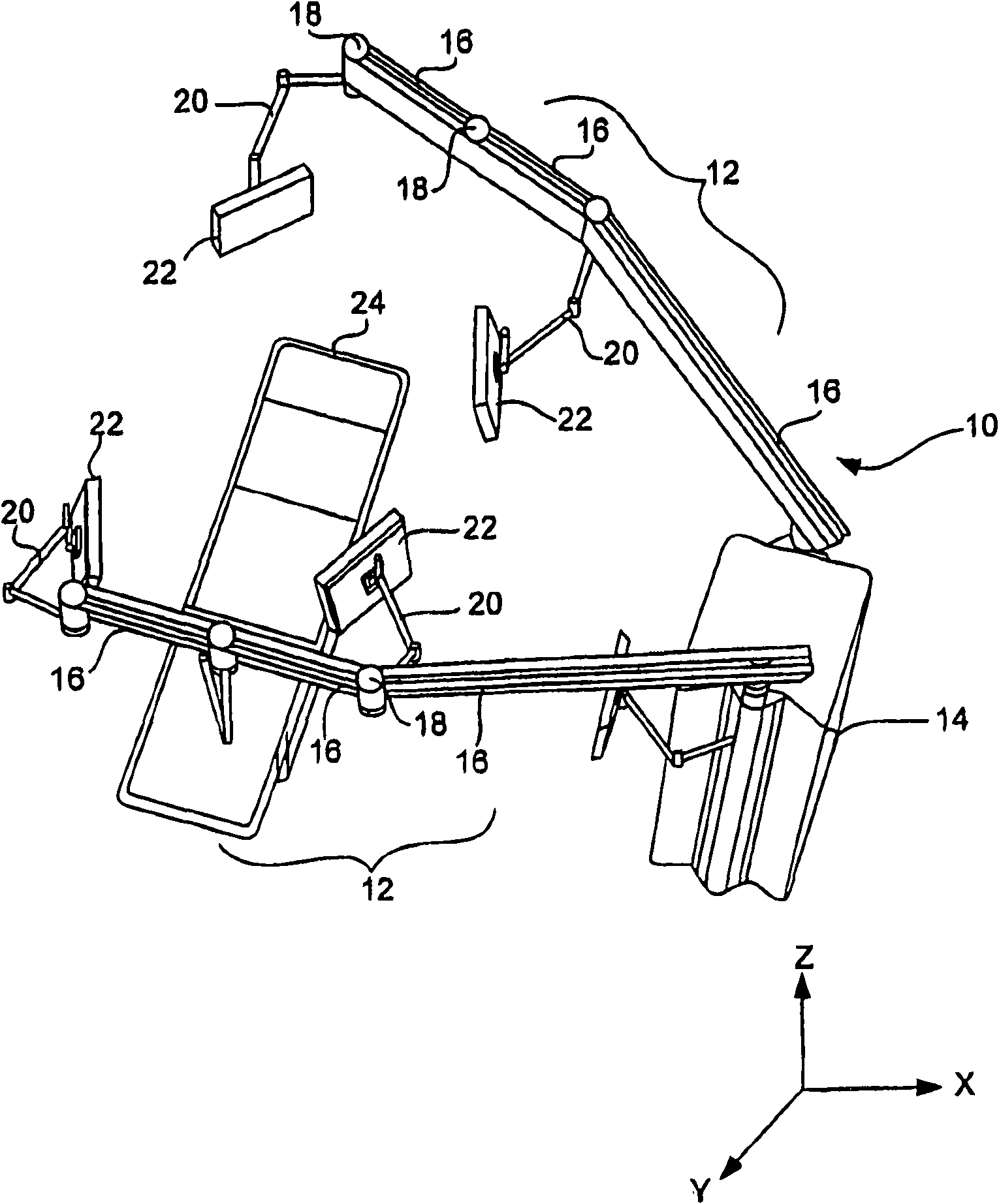 Articulated boom for positioning video and medical equipment in hospital operating rooms