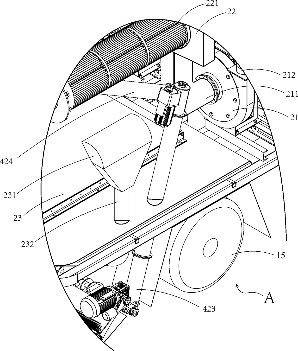 Road cleaning and dust removing vehicle provided with screw conveying mechanism