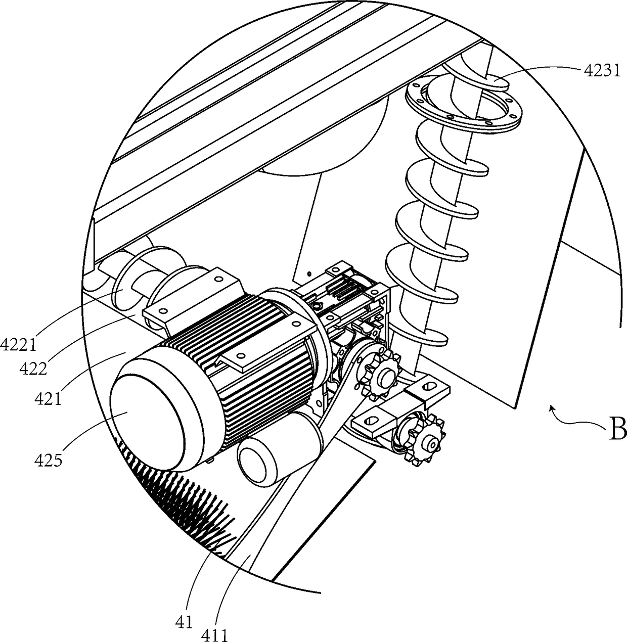 Road cleaning and dust removing vehicle provided with screw conveying mechanism