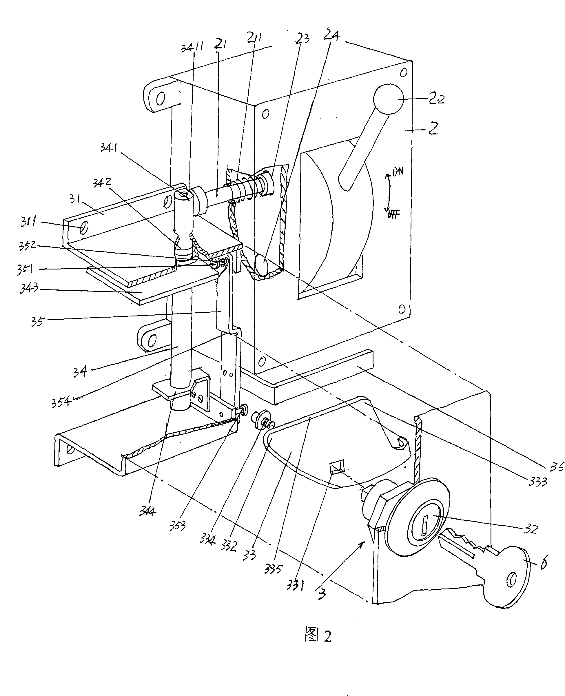 Mechanical caging device for on-off switch and interlocking mechanism for control cabinet door of high-voltage electric main control cabinet