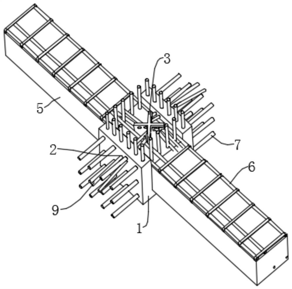 Prefabricated building prefabricated steel concrete intermediate column-beam joint prestressed tendon interlaced tension anchorage structure and construction method