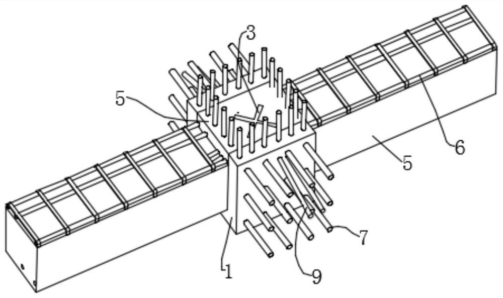 Prefabricated building prefabricated steel concrete intermediate column-beam joint prestressed tendon interlaced tension anchorage structure and construction method