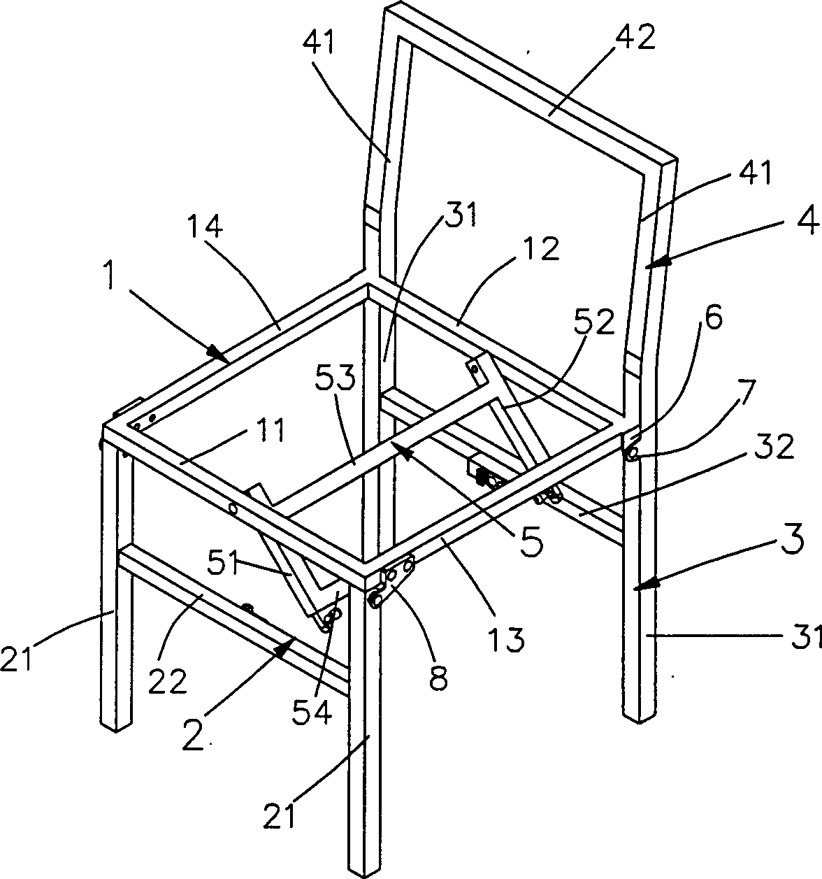 Folding chair frame and its folding method