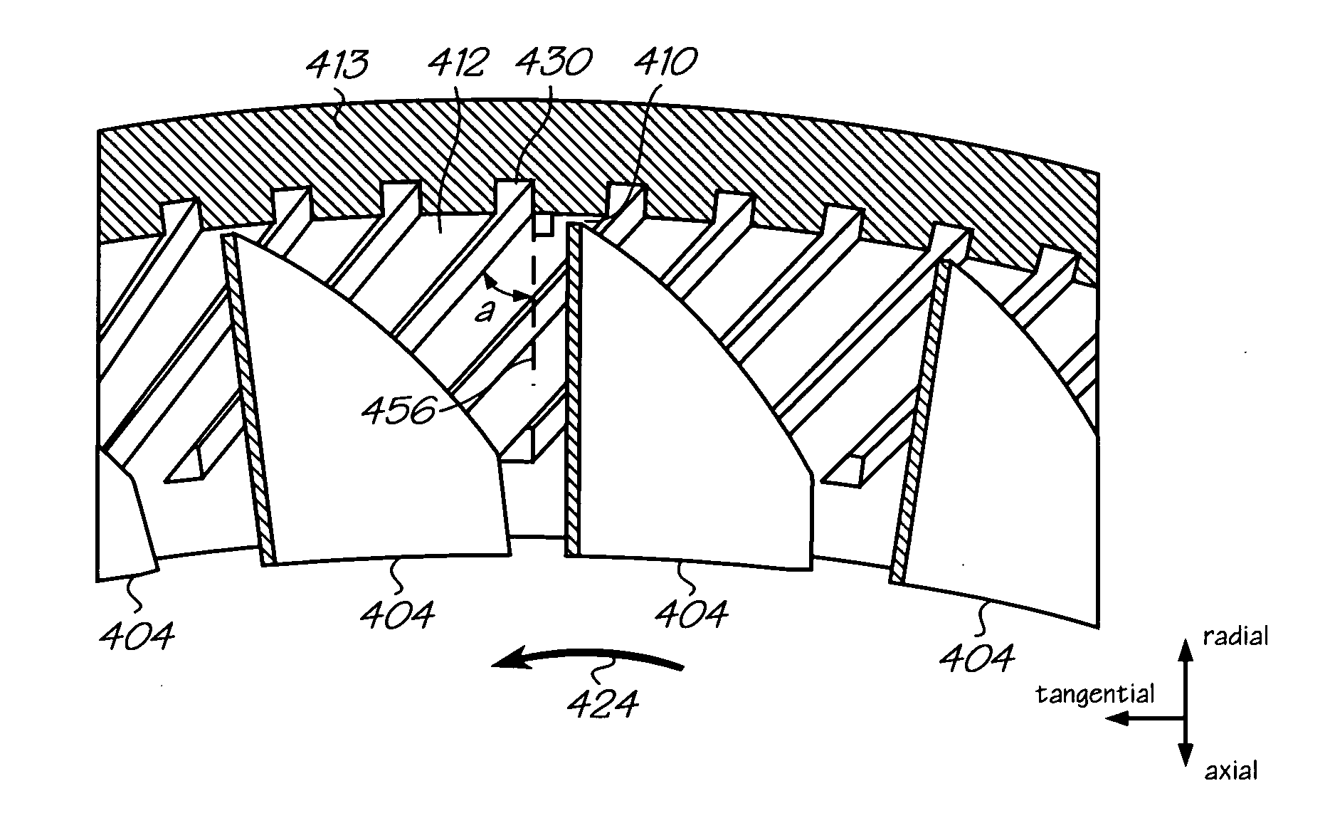 Turbomachine with reduced leakage penalties in pressure change and efficiency