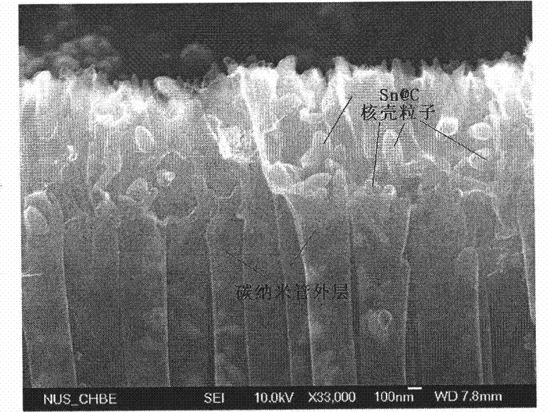 In-situ synthesis method for preparing tin-carbon/core-shell nano-particle fully filled carbon nano-tube composite anode material