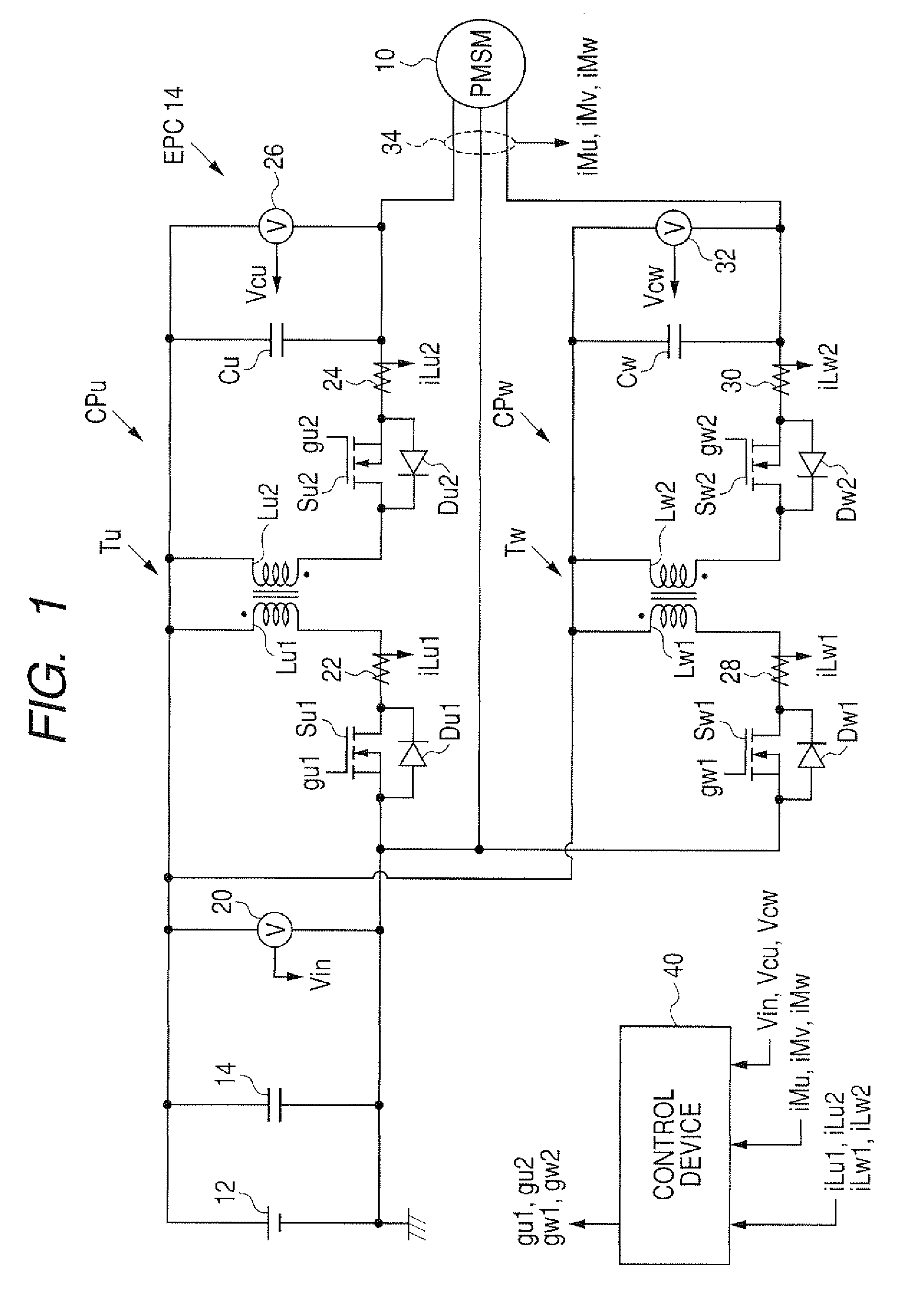 Electric power conversion circuit, and control device for multiphase electric rotary machine